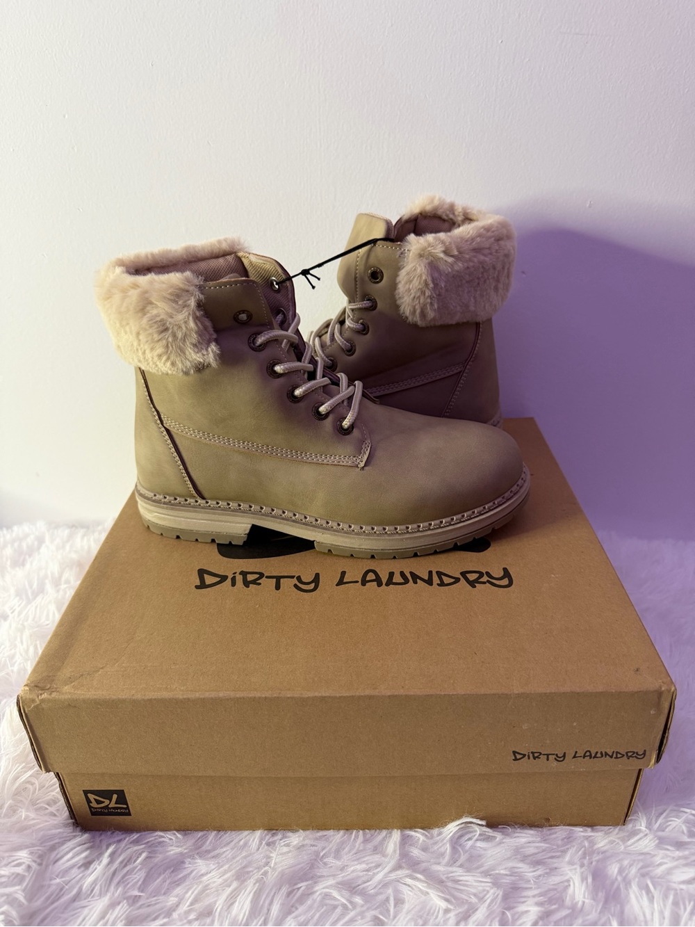 Dirty Laundry Taupe Lace-Up Faux-Fur Collar Boots